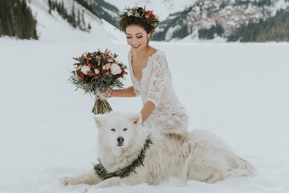 Lake Louise Winter Wedding with wolf 